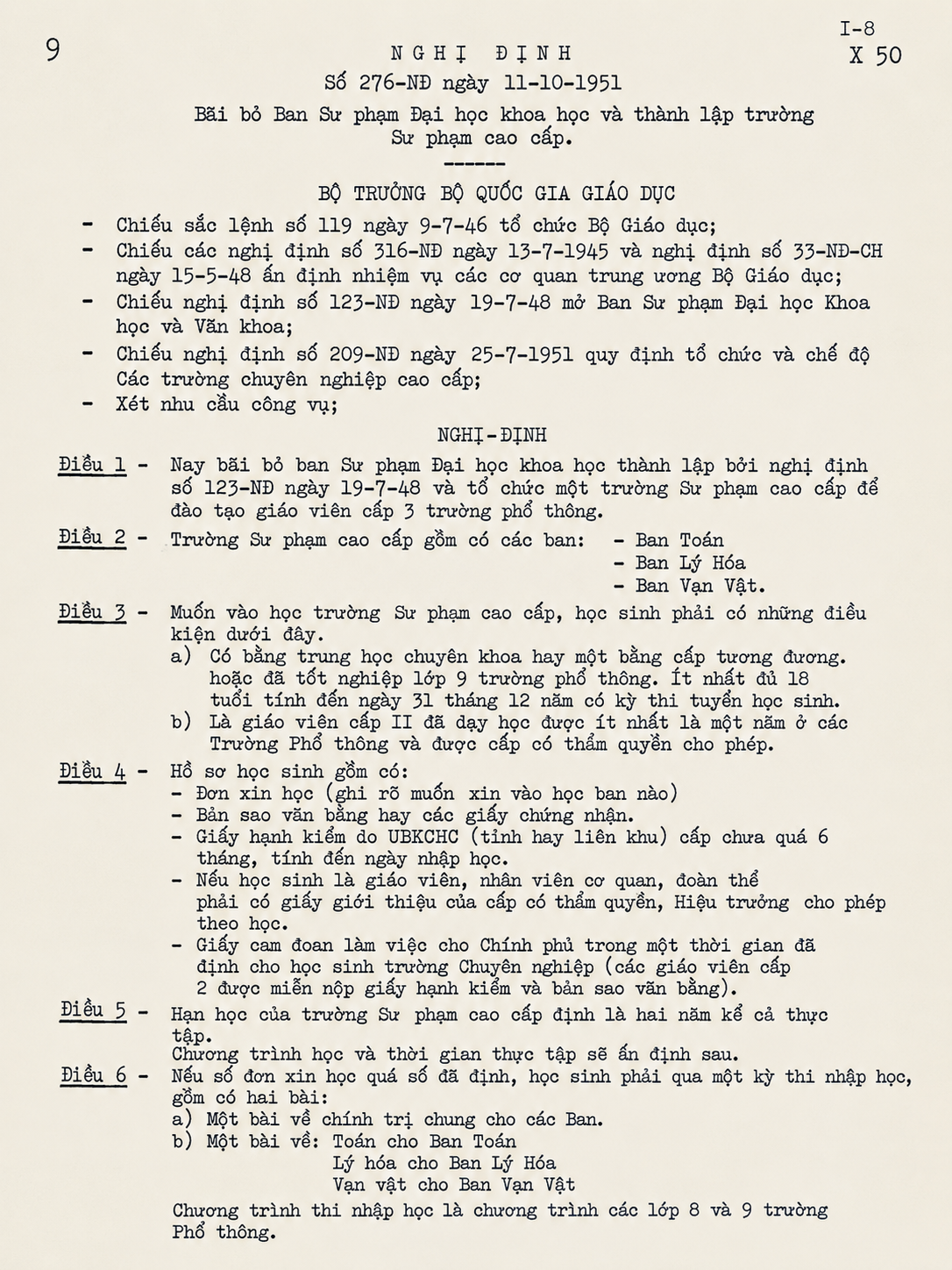 Nghị định 276 ngày 11/10/1951